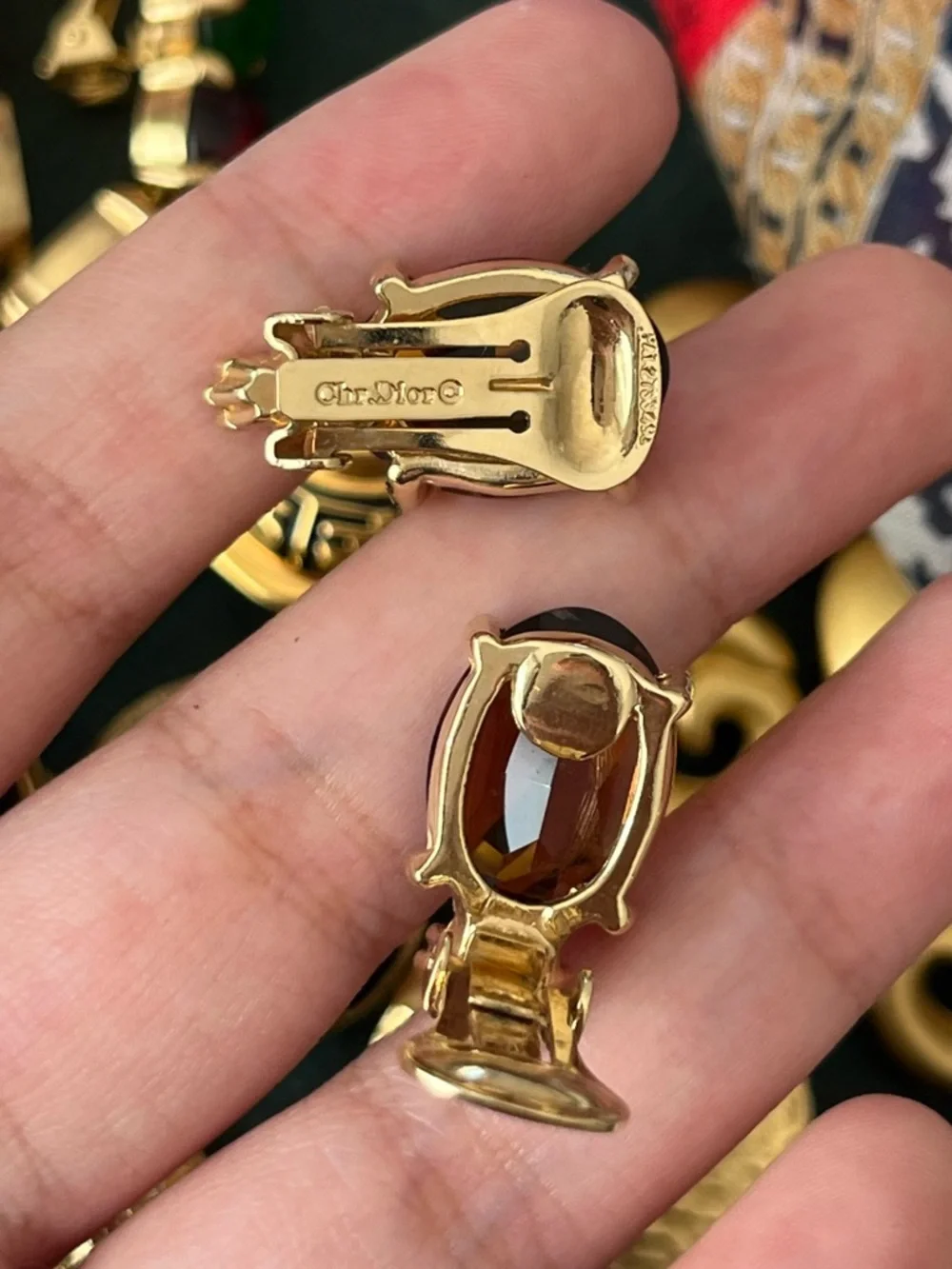 Authentic Vintage Dior Oval Brown Glass Stone Crystal Prong Gold Clip Earrings